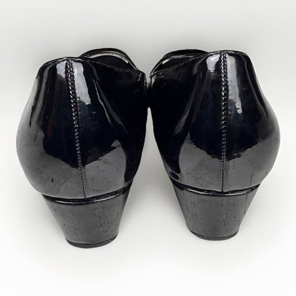 BANDOLINO Women Size 9.6M Black Patent Faux Leather‎ High Heel Peep Toe Pumps - Picture 4 of 11